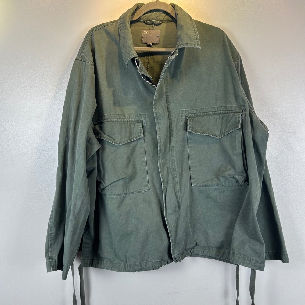 ASOS Mens Green Cotton Twill Field Jacket Utility Large Oversized Pockets